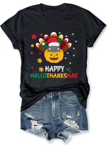 Pumpkin Cat Happy Hallothanksmas Print Crew Neck T-Shirt