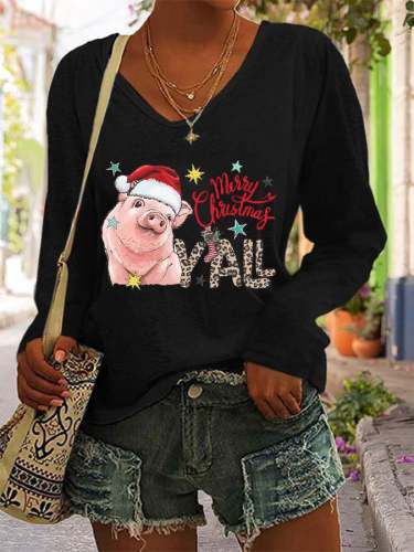 Women's Christmas Pig Print V-Neck Long Sleeve T-Shirt