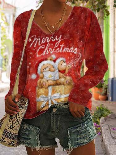Women's Merry Christmas Long Sleeves V-Neck T-Shirt