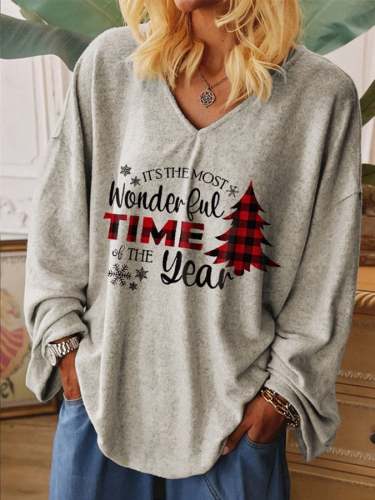 Women's Merry Christmas It's The Most Wonderful Time Of The Year Print V-Neck Long Sleeve T-Shirt