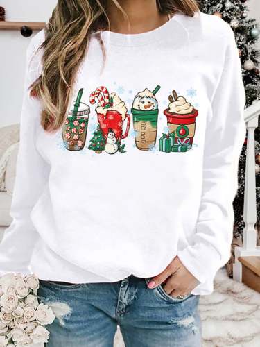 Women's Christmas Coffee Print Crew Neck Sweatshirt