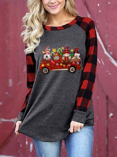 Women's Christmas Gnomes Truck Check Sleeve T-Shirt