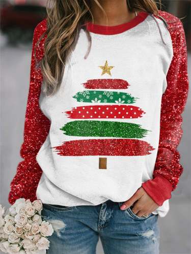 Women's Glitter Christmas Tree Print Sweatshirt