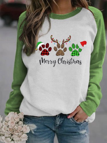 Women's Merry Christmas Paws Print Casual Sweatshirt