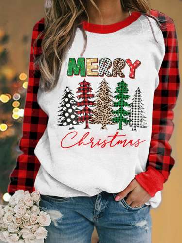 Women's Merry Christmas Print Check Sweatshirt