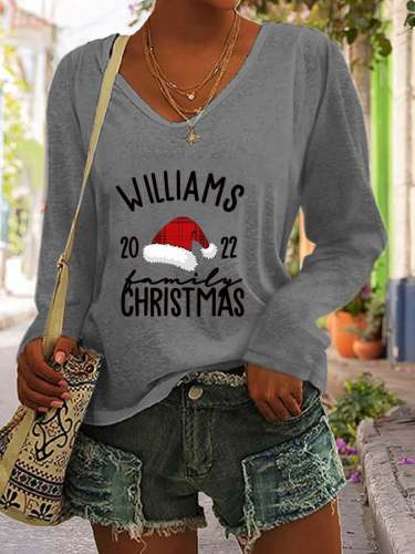 Women's Christmas 'WILLIAMS CHRISTMAS 2022' Printed V-Neck Long Sleeve T-Shirt