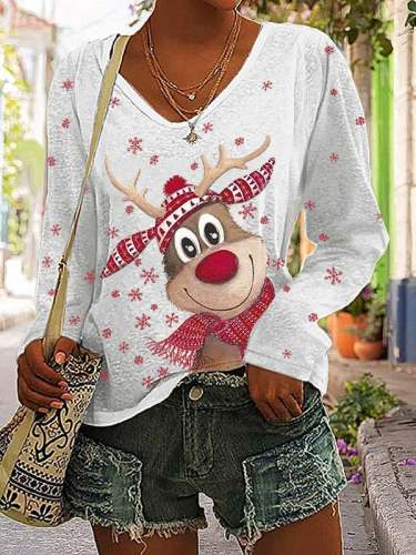 Women's Christmas Deer Print V-Neck Long Sleeve T-Shirt
