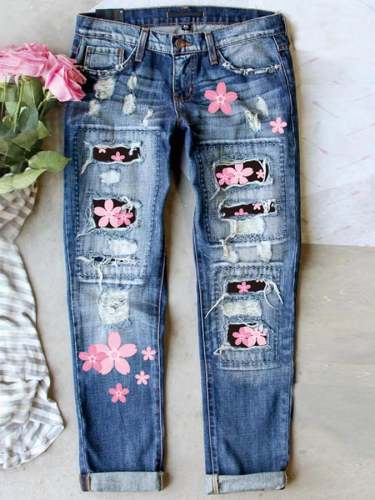 Women's Casual Loose Cherry Blossom Print Ripped Jeans
