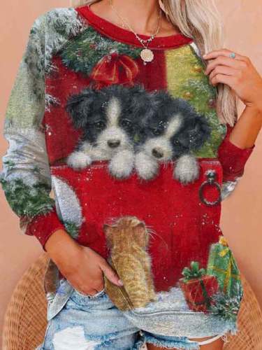 Christmas Dog And Cat Print Sweatshirt