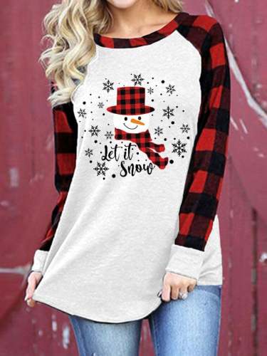 Women's Merry Christmas Let It Snow Print Colorblock Plaid T-Shirt