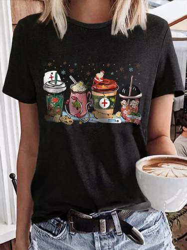 Women's Christmas Coffee Nurse Casual Print T-Shirt