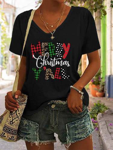 Women's Merry Christmas Yall Leopard Print Casual T-Shirt