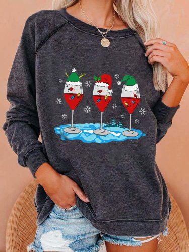 Women's Christmas Wine Glasses Print Casual Sweatshirt