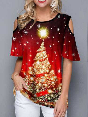 Women's Christmas Tree Print Round Neck Loose Short Sleeve T-Shirt