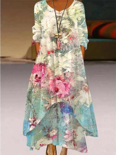Wisherryy Floral Oil Painting Double Layer Maxi Dress