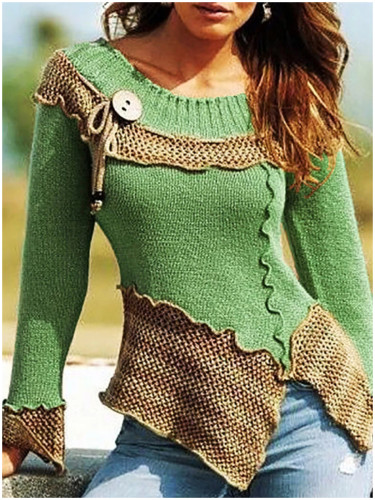 Wisherryy Fashion stitching round neck retro long-sleeved sweater