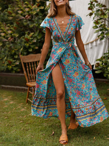 Wisherryy Floral Print V-Neck Wrap Maxi Dress