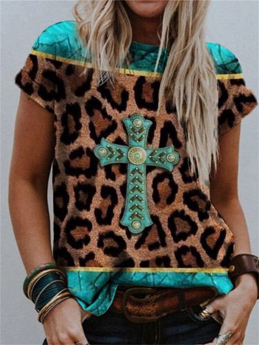 Christian Western Turquoise Cross Leopard T Shirt