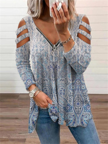 Distressed Ethnic Paisley Hollow Shoulder T Shirt