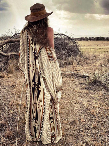 Wisherryy Western Ethnic Aztec Loose Fit Kimono Robe