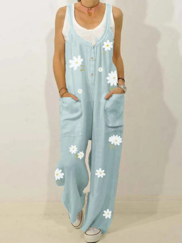 Wisherryy Daisy Flower Printed Casual Jumpsuit