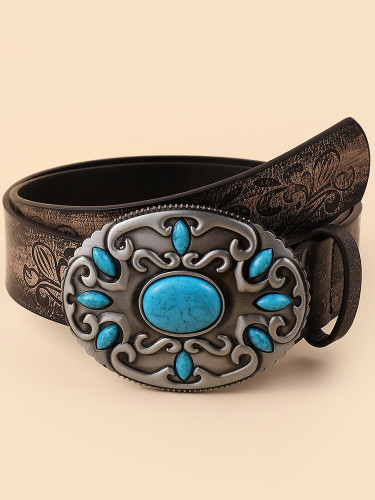 Wisherryy Western Turquoise Studded Vintage Carved Belt