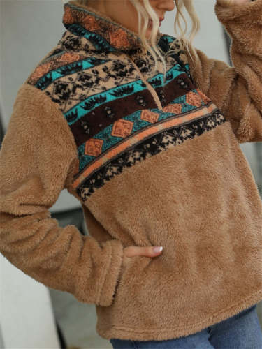 Western Aztec Patch Zip Up Fleece Pullover