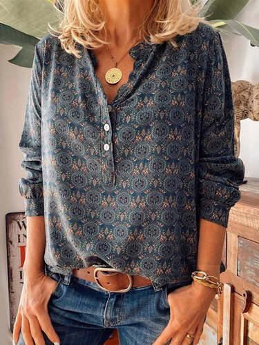 Retro Stand Collar Floral Print Long Sleeve Blouse