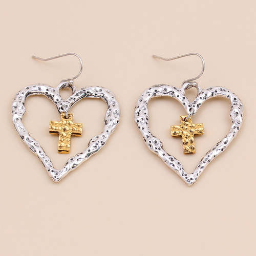 Vintage Cutout Heart Cross Earrings