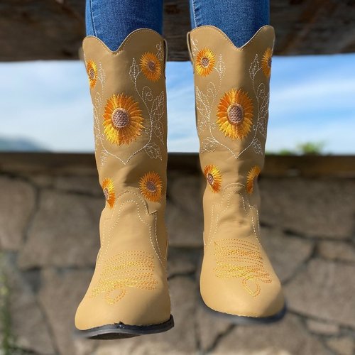 Retro Ethnic Style Sunflower Pattern Boots