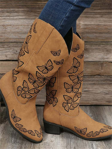 Butterflies Embroidered Wide Calf Boots