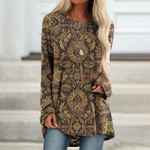 Vintage Western Print Crew Neck Long Sleeve Casual Tunic