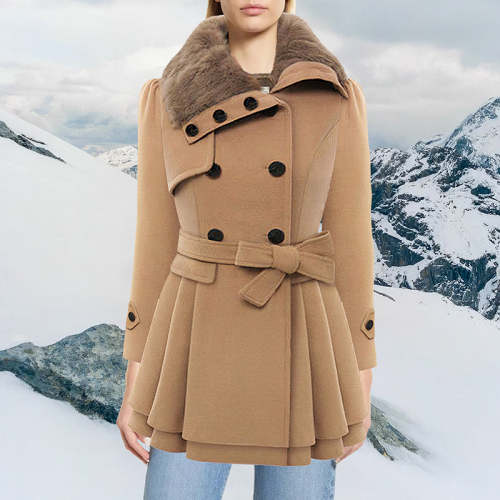 Fashionable Fur Collar Double Breasted Wool Coat