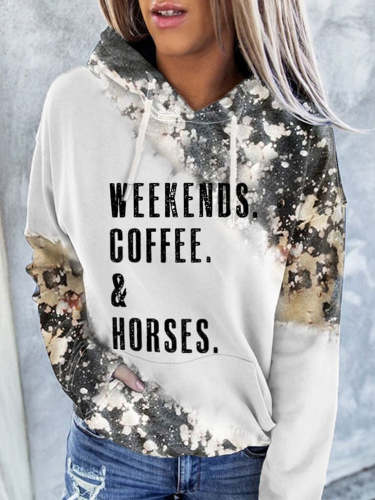 Western WEEKENDS. COFFEE. & Horses Print Long Sleeve Hoodie