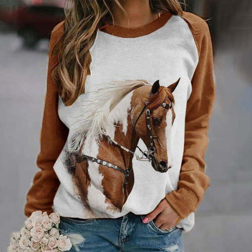 Western Horse Print Panel Crewneck Sweatshirt