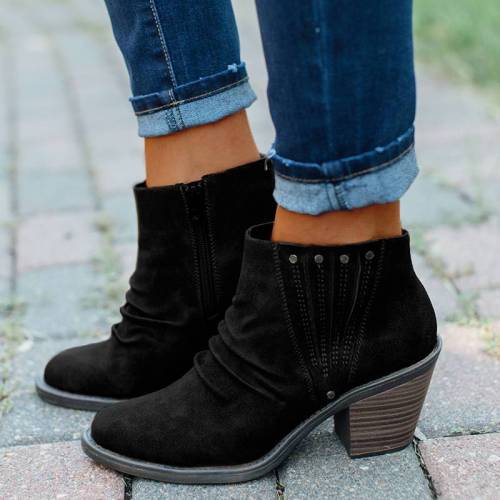 Vintage Solid Chunky Heel Ankle Boots
