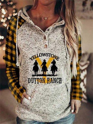 Western Graphic Plaid Patchwork Button Up Hoodie