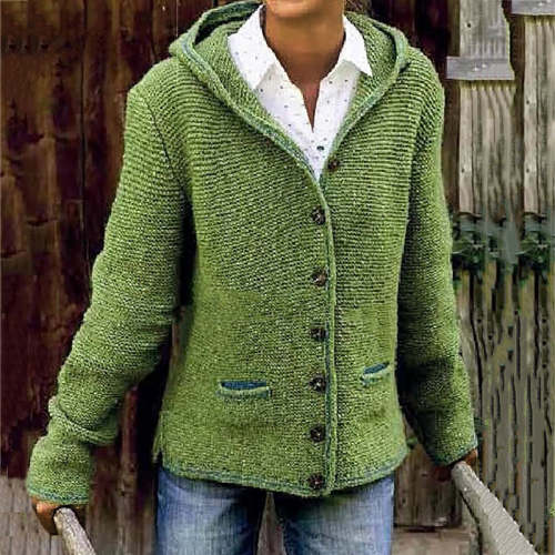 Vintage Double Pocket Hooded Solid Sweater Cardigan