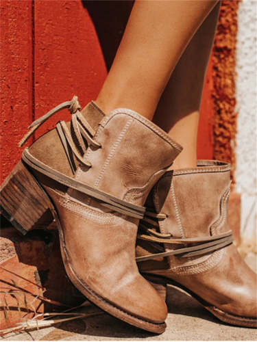 Wisherryy Laced Washed Leather Patchwork Ankle Boots