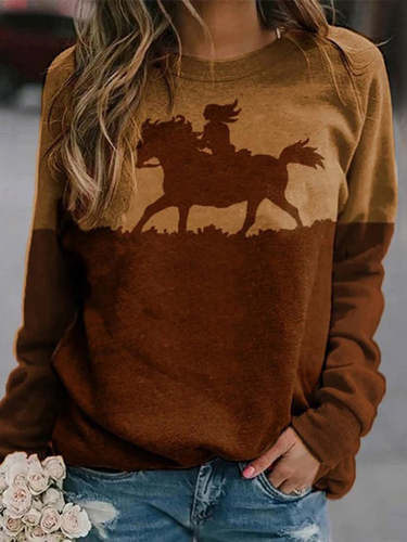 Western Print Crew Neck Long Sleeve Sweatshirt