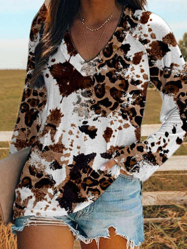 Vintage Leopard Print V-Neck Long Sleeve T-Shirt
