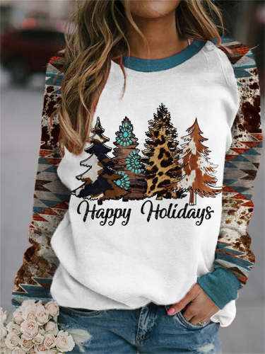 Western Christmas Trees Aztec Patchwork Sweatshirt