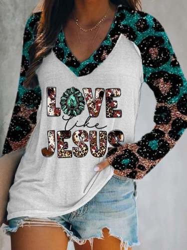 Women's Western LOVE&JESUS Print Double V-Neck Long Sleeve T-Shirt