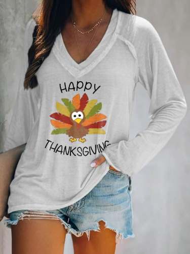Women’s Happy Thanksgiving Turkey Print V-Neck Casual T-Shirt