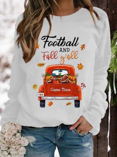 Game Time Football And Fall Y'all Pumpkin Falling Leaves Print Sweatshirt