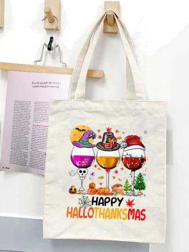 Women's Happy Hallothanksmas Wine Print Canvas Shoulder Bag