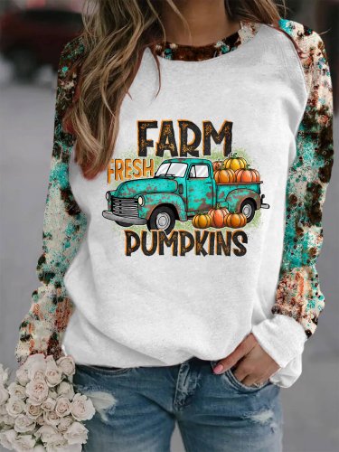 Women's Farm Fresh Pumpkins Print Casual Crewneck Sweatshirt