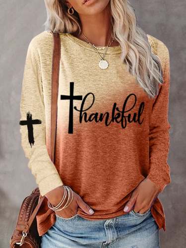 Women's Thankful Cross Print Gradient T-Shirt