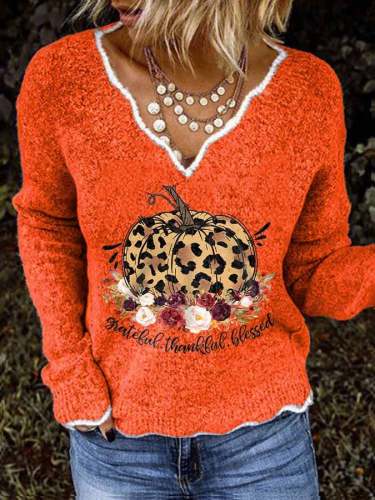 Casual Pumpkin Print Long Sleeve Sweater