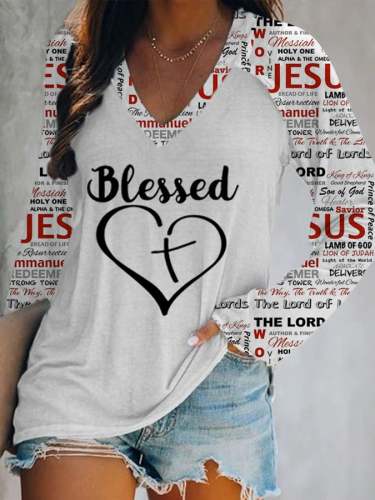 Women's Blessed Faith Scripture Print Casual Long-Sleeve T-Shirt